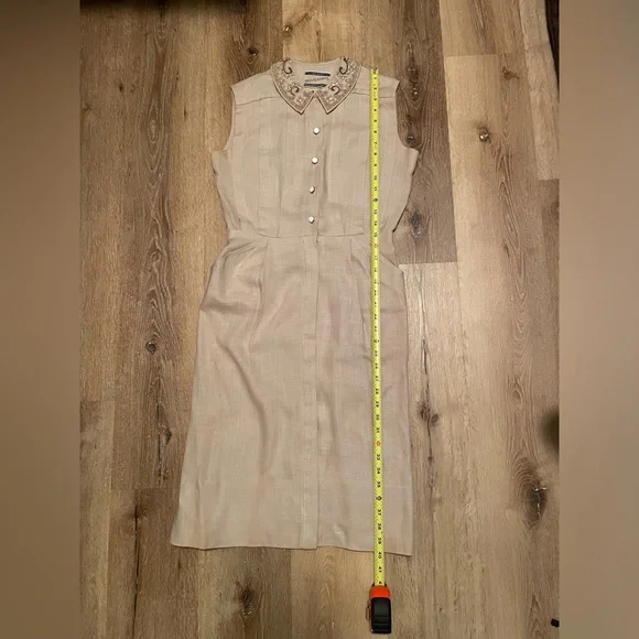 Vintage 1940’s 50s rhinestone beads linen dress pleats buttons Medium M 28”w VLV - Picture 9 of 12